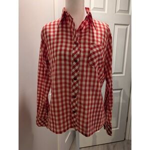 Vintage 1960s 70s Checkered Red White Shirt Gingham Country Size S ?
